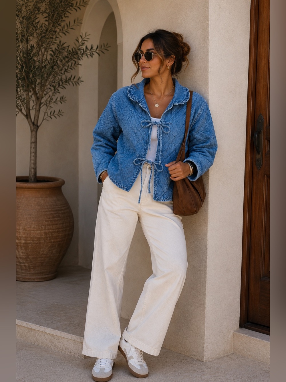 H&M Blue Textured Denim-Style Tie-Front Jacket